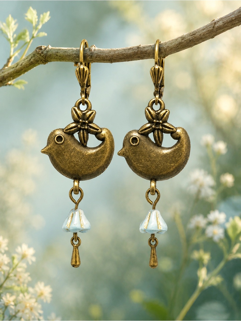 bird flower earrings, antique bronze, Czech glass earrings, pale blue earrings,